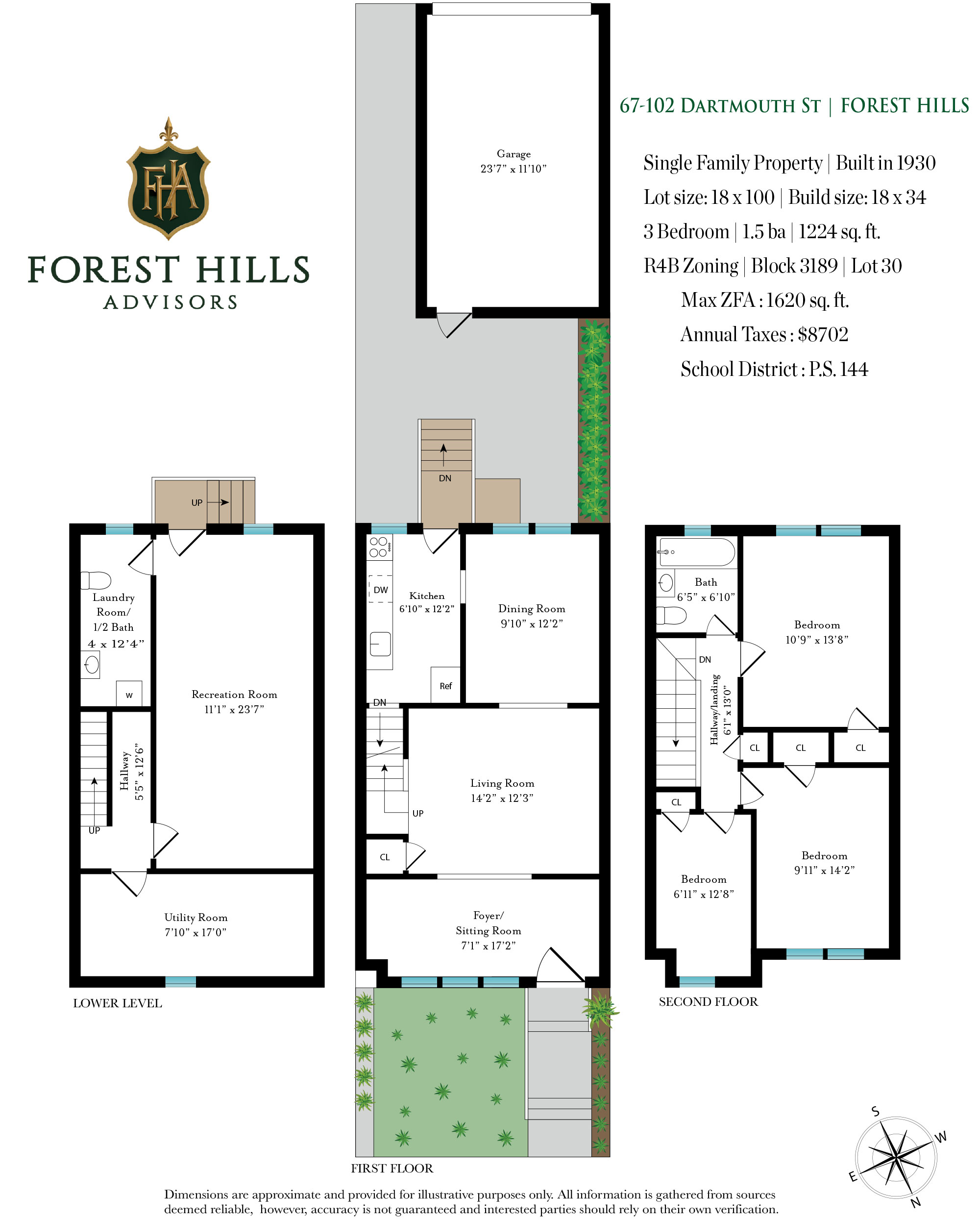 Floor plan of 67-102 Dartmouth Street: lower level, first floor, and second floor with room dimensions